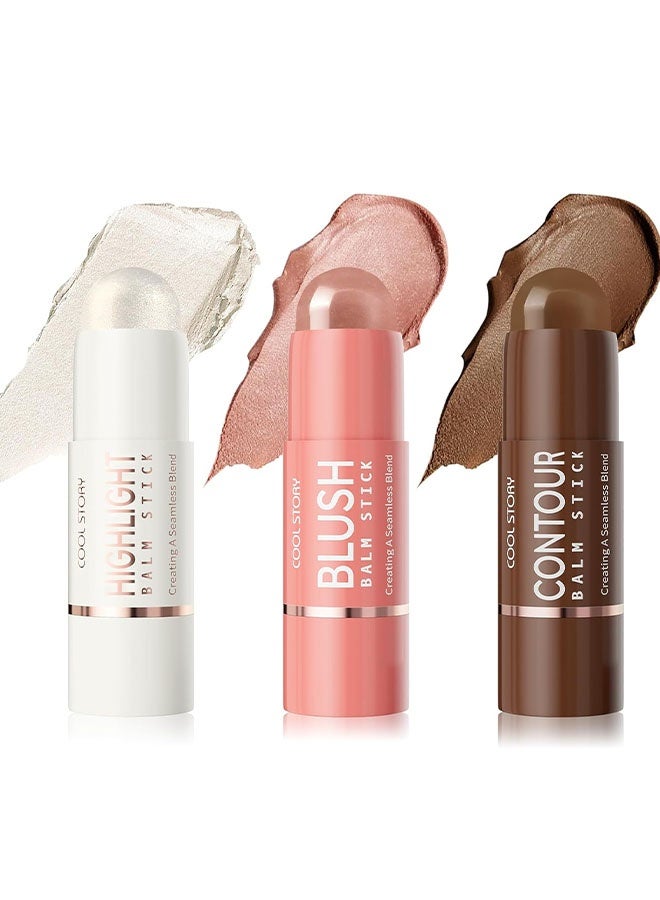 3-in-1 Highlighter Blush & Contour Balm Stick, Highlighter, Blush and Contour Balm Stick, Cream Formula for Face Contouring, Professional Cosmetic Kit (SET-B)