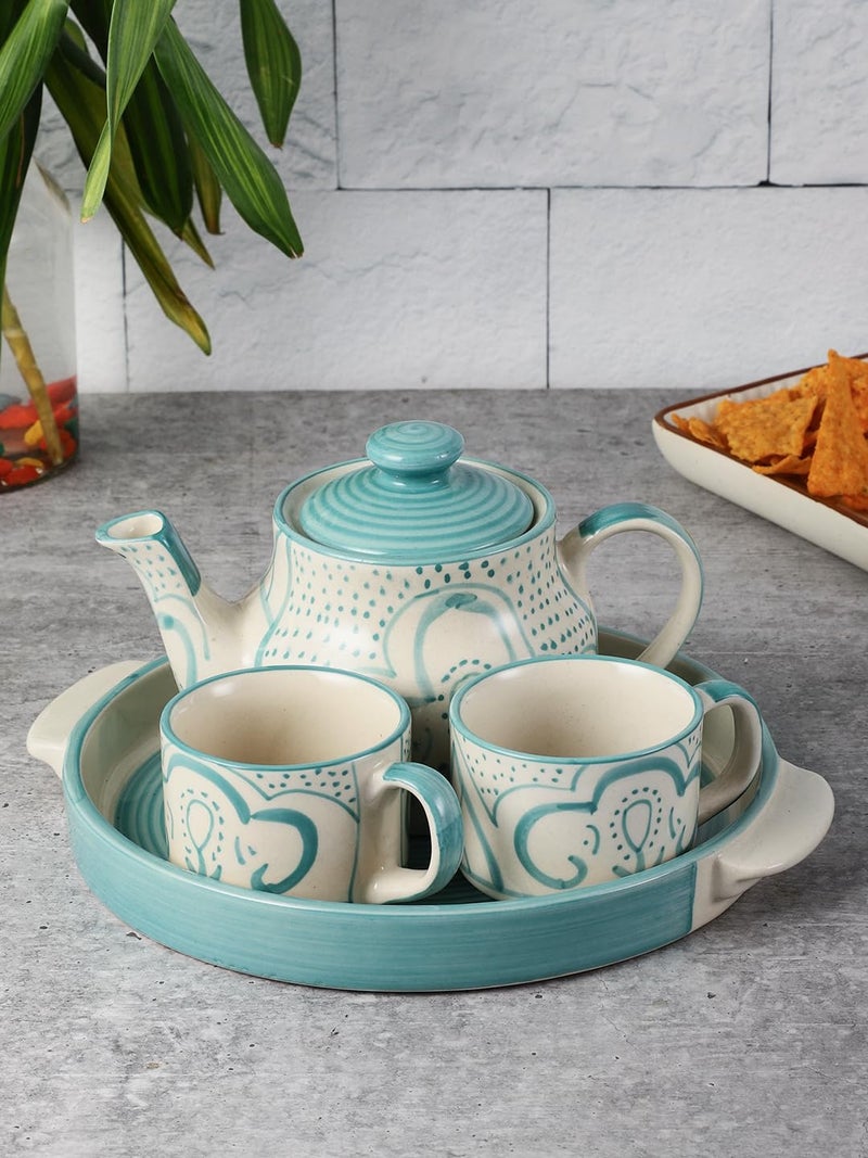 miah decor Ceramic Tea Set with Kettle and Tray with 2 Cups, 1 Teapot & 1 Tray Hand-Painted Design Tableware Tea Pot Kettle Set-Color-Cream| Dishwasher & Microwave Safe, 500 ml - Image 1