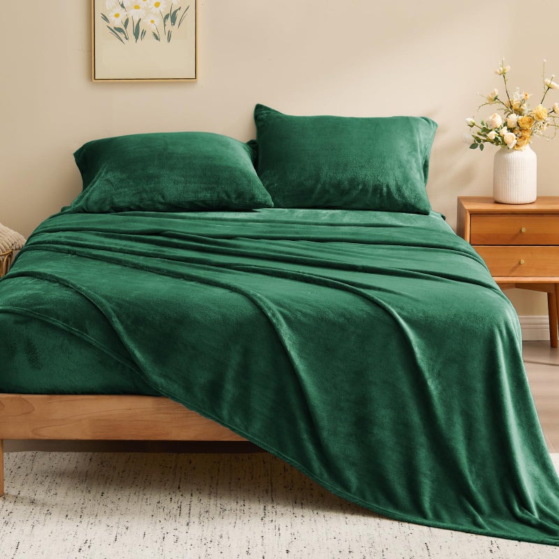 BEDELITE Flannel Sheets Full Size Dark Green - Super Soft Fleece Sheets Set Fluffy Extra Plush, 4 Piece(Include Fitted Sheet, Flat Sheet, 2 Pillowcases) - Image 2