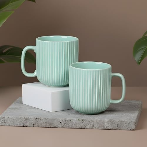 CRAF10 Linear Luxe Ceramic Coffee/Milk Mugs, 340 ML, Dishwasher & Microwave Safe, Sea Green, Set of 2 - Image 4