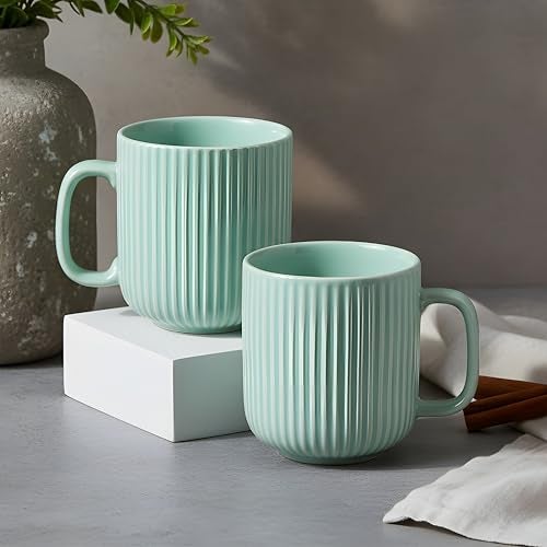 CRAF10 Linear Luxe Ceramic Coffee/Milk Mugs, 340 ML, Dishwasher & Microwave Safe, Sea Green, Set of 2 - Image 1