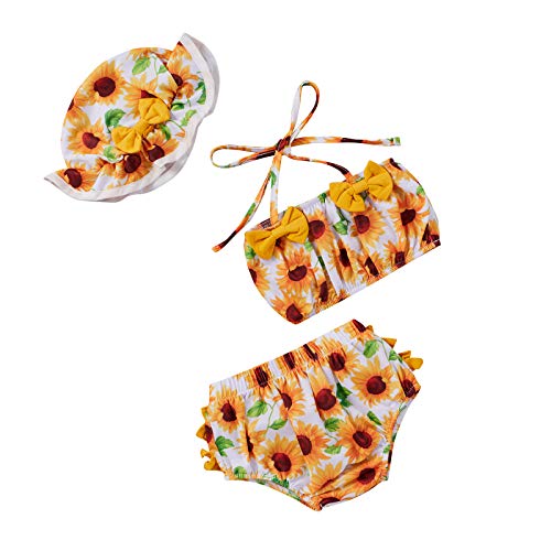 Yccutest Toddler Girl Swimsuits Infant Baby Girl Bathing Suit Bikini Sets Swimwear 3 Piece Summer Beach Outfit Top Shorts Hat (A-Yellow Sunflower, 12-18 Months) - Image 1