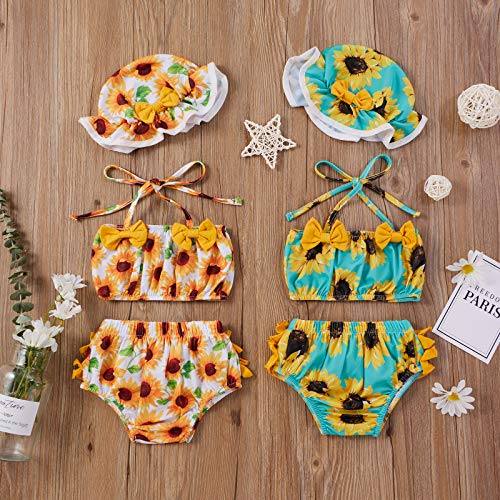 Yccutest Toddler Girl Swimsuits Infant Baby Girl Bathing Suit Bikini Sets Swimwear 3 Piece Summer Beach Outfit Top Shorts Hat (A-Yellow Sunflower, 12-18 Months) - Image 3