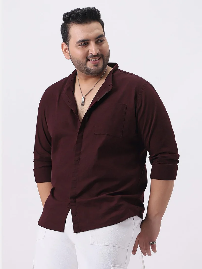 Urbano Plus Men's Maroon Cotton Full Sleeve Regular Fit Casual Solid Shirt with Band Collar