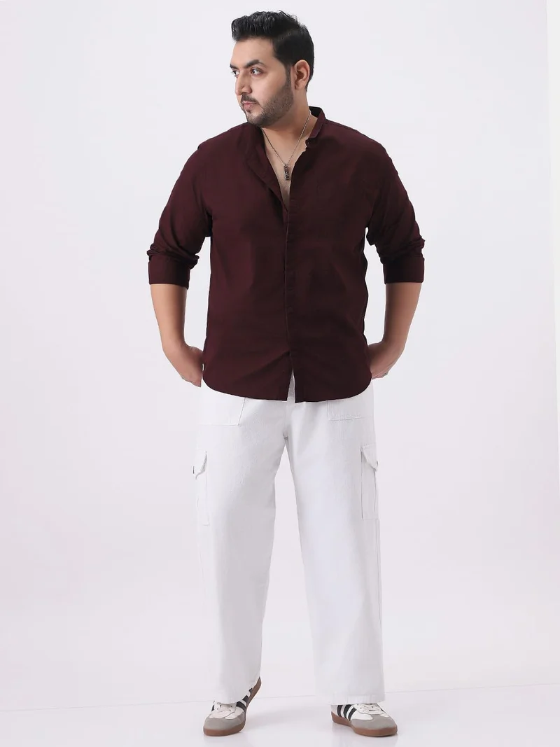 Urbano Fashion  Urbano Plus Men's Maroon Cotton Full Sleeve Regular Fit Casual Solid Shirt with Band Collar  | Best Price UAE
