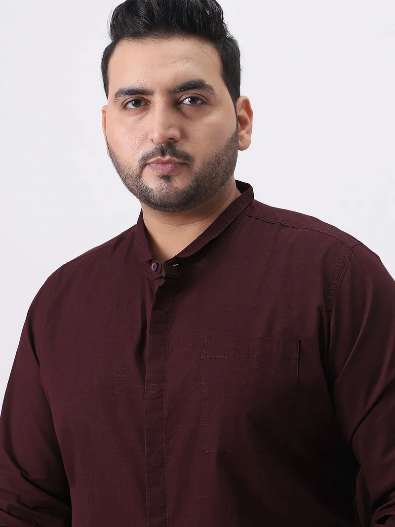 Urbano Fashion  Urbano Plus Men's Maroon Cotton Full Sleeve Regular Fit Casual Solid Shirt with Band Collar  | Best Price UAE