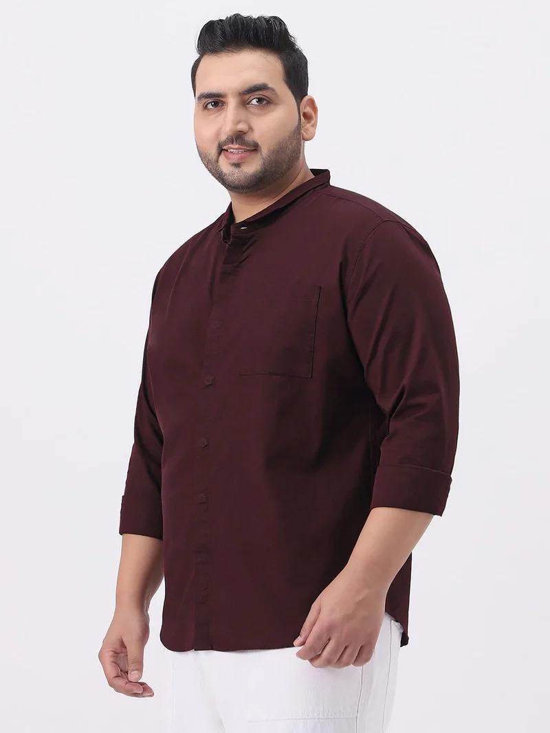Urbano Fashion  Urbano Plus Men's Maroon Cotton Full Sleeve Regular Fit Casual Solid Shirt with Band Collar  | Best Price UAE