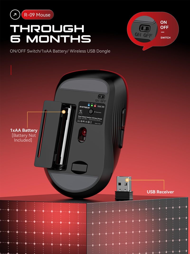 RAPIQUE Bluetooth Wireless Mouse - Dual Bluetooth & 2.4 GHz USB Receiver, Comfortable Grip, Quiet Clicks, Low Power - Multi-Device Compatibility for Laptop, Computer, iPad, MacBook (Gradient Red) - Image 5