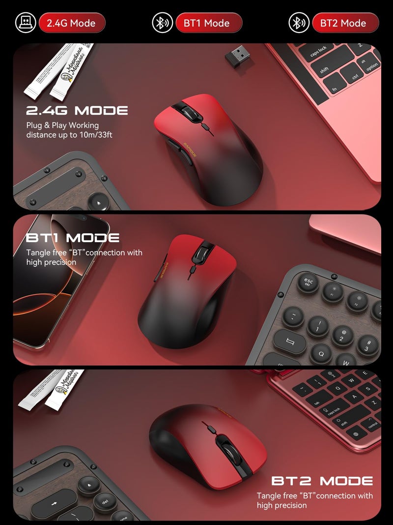 RAPIQUE Bluetooth Wireless Mouse - Dual Bluetooth & 2.4 GHz USB Receiver, Comfortable Grip, Quiet Clicks, Low Power - Multi-Device Compatibility for Laptop, Computer, iPad, MacBook (Gradient Red) - Image 3