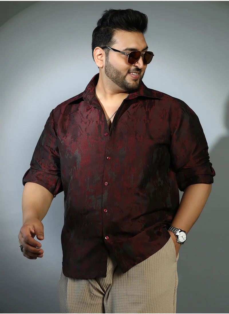 انستافاب بلس Instafab Plus Men's Burgundy Red Abstract-Woven Shirt For Casual Wear | Spread Collar | Long Cuffed Sleeves | Button Closure | Plus Size Shirt Crafted With Comfort Fit For Everyday Wear