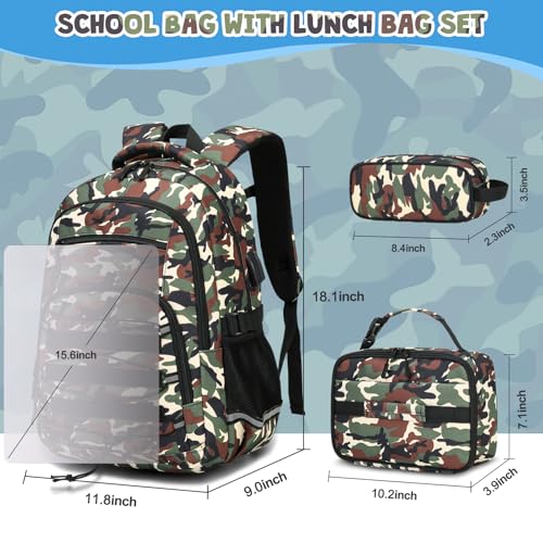 ACESAK Camo Backpack for Boys Tactical Kids Backpack Boys School Bags for Boy Children Teens Kids Elementary Middle High School Military Bookbag and Lunch Bag Pencil Case Set with USB Charging Port - Image 3