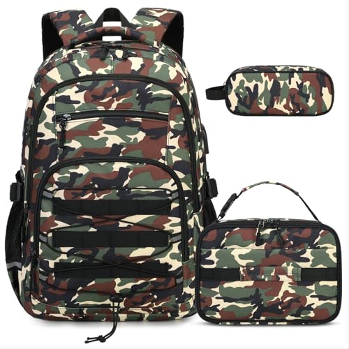 ACESAK Camo Backpack for Boys Tactical Kids Backpack Boys School Bags for Boy Children Teens Kids Elementary Middle High School Military Bookbag and Lunch Bag Pencil Case Set with USB Charging Port - Image 1