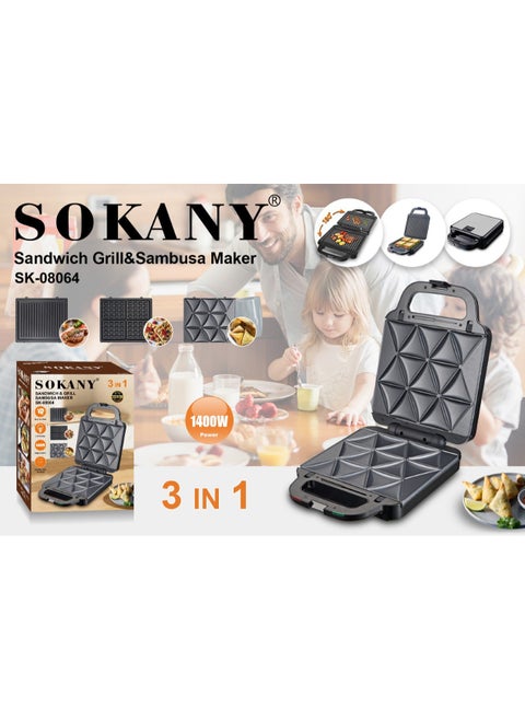 Sokany 3-in-1 Large Sandwich Maker 1400W 360 Degree Opening SK-08064 Easy to Clean: Non-stick plates can be easily wiped clean, reducing mess in your kitchen after a meal. Safety Features: Equipped with a cool-touch handle and locking latch to ensure safe operation during use.