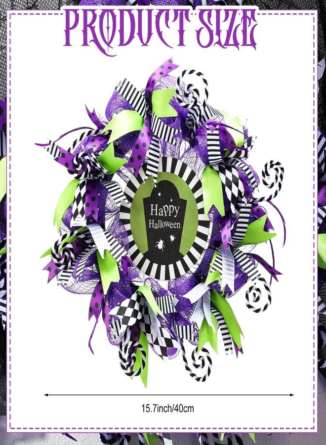 Hotop 15.7 Inch Halloween Wreath Green and Purple Sandworm Wreath for Front Door Black and White Stripe Door Decor Never Trust the Living Halloween Indoor Outdoor Home Decoration - Image 3