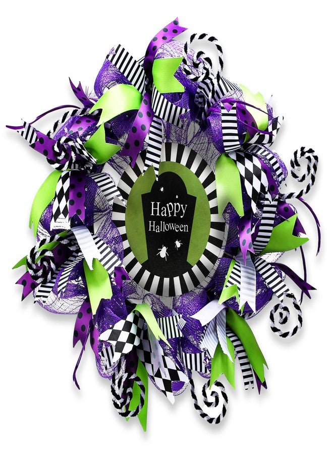 Hotop 15.7 Inch Halloween Wreath Green and Purple Sandworm Wreath for Front Door Black and White Stripe Door Decor Never Trust the Living Halloween Indoor Outdoor Home Decoration - Image 1
