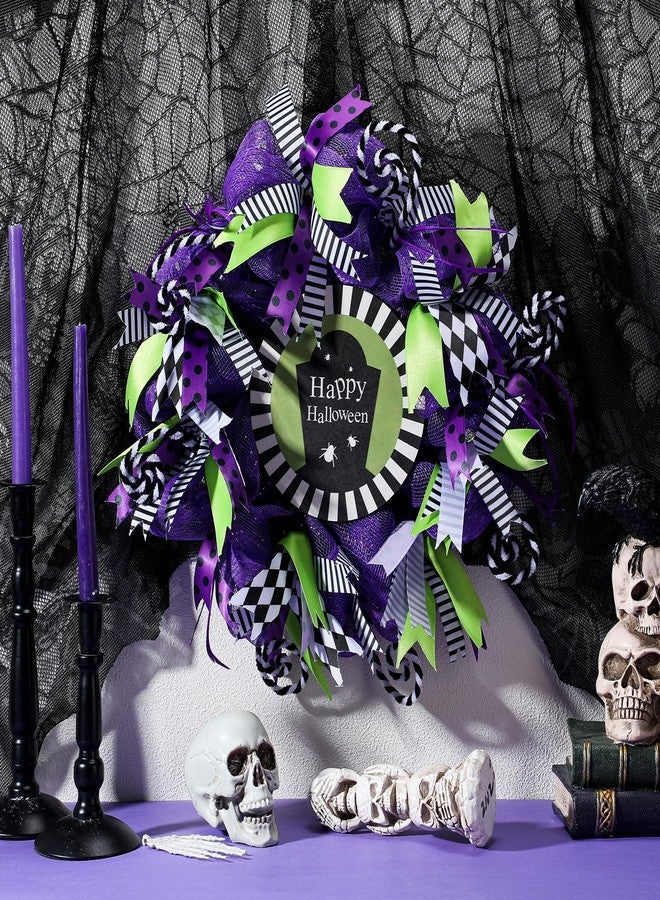Hotop 15.7 Inch Halloween Wreath Green and Purple Sandworm Wreath for Front Door Black and White Stripe Door Decor Never Trust the Living Halloween Indoor Outdoor Home Decoration - Image 2