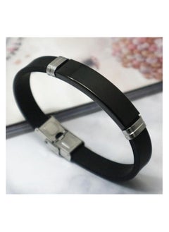 MARIO DRAFTS Men's Stainless Steel ID Bracelet, Black Silicone Band with Silver Plate, Modern Design  - Image 4