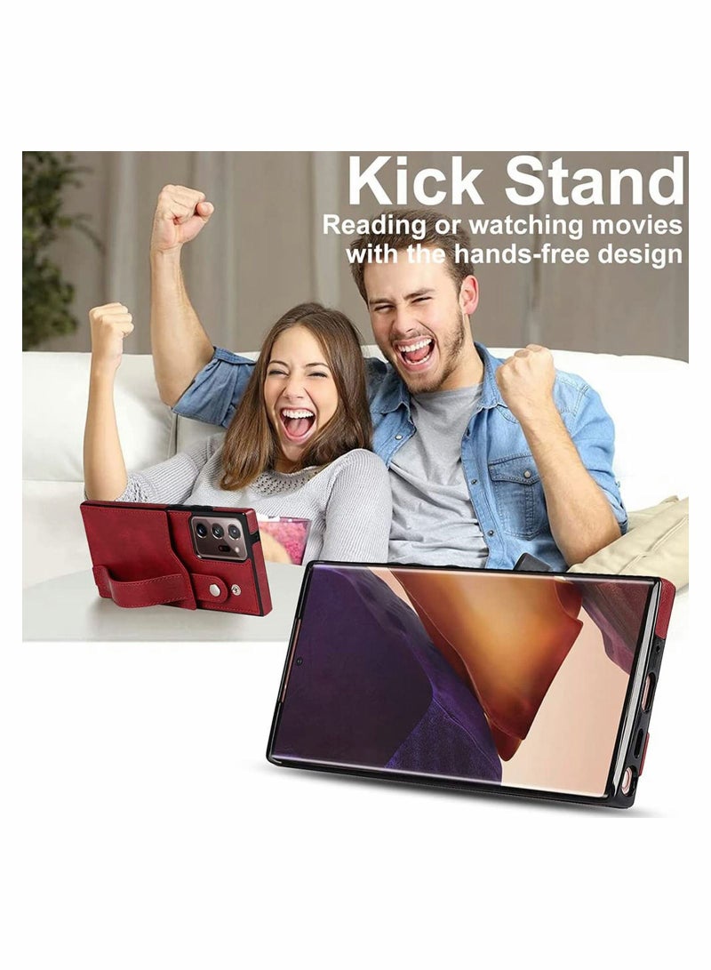 SYOSI for Galaxy Note 20 Ultra Case Leather Wallet Extra Credit Card Slots PU Cover with Adjustable Wrist Strap Kickstand 5G 6.9" Red - Image 2