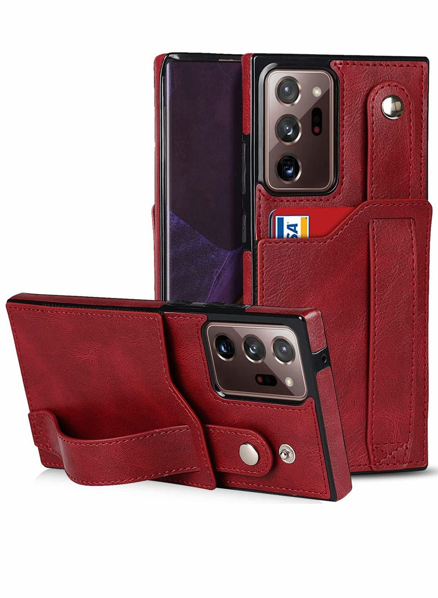 SYOSI for Galaxy Note 20 Ultra Case Leather Wallet Extra Credit Card Slots PU Cover with Adjustable Wrist Strap Kickstand 5G 6.9" Red