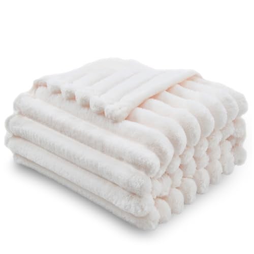 NEWCOSPLAY Super Soft Throw Blanket Ivory Premium Silky Flannel Fleece 3D Ribbed Jacquard Lightweight Bed Blanket All Season Use (Ivory Ribbed, Throw(50"x60")) - Image 2
