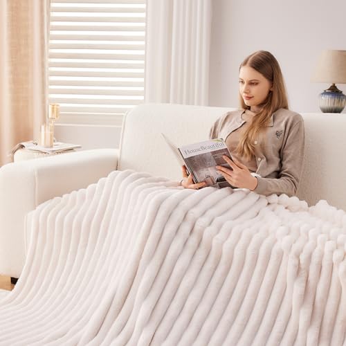 NEWCOSPLAY Super Soft Throw Blanket Ivory Premium Silky Flannel Fleece 3D Ribbed Jacquard Lightweight Bed Blanket All Season Use (Ivory Ribbed, Throw(50"x60")) - Image 4