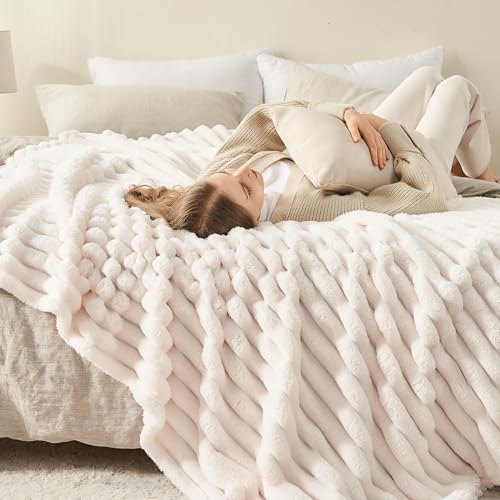 NEWCOSPLAY Super Soft Throw Blanket Ivory Premium Silky Flannel Fleece 3D Ribbed Jacquard Lightweight Bed Blanket All Season Use (Ivory Ribbed, Throw(50"x60")) - Image 5
