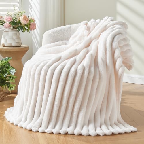 NEWCOSPLAY Super Soft Throw Blanket Ivory Premium Silky Flannel Fleece 3D Ribbed Jacquard Lightweight Bed Blanket All Season Use (Ivory Ribbed, Throw(50"x60")) - Image 1