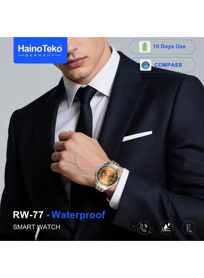 هينو تيكو ساعة هاينو تيكو RW-77 الذكية المقاومة للماء، مزودة بشاشة AMOLED، وخاصية الاتصال عبر البلوتوث، وبطارية تدوم حتى 10 أيام، و3 أزواج من الأساور، مصممة للرجال والنساء، لون فضي. - Image 3