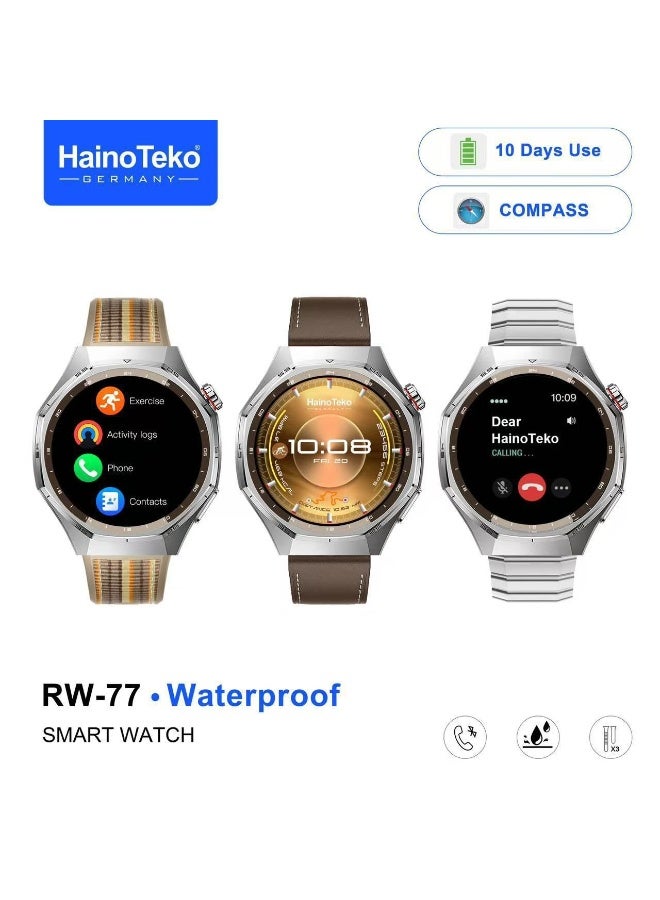 هينو تيكو ساعة هاينو تيكو RW-77 الذكية المقاومة للماء، مزودة بشاشة AMOLED، وخاصية الاتصال عبر البلوتوث، وبطارية تدوم حتى 10 أيام، و3 أزواج من الأساور، مصممة للرجال والنساء، لون فضي. - Image 1