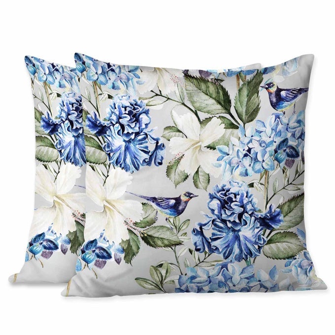 PILLOW COVERS COLORFUL WATERCOLOR BLUE HYDRANGEA HIBISCUS IRIS LEAF AND BIRD SPRING FLOWERS PATTERN 18X18 INCH SET OF 2STANDARD SQUARE CUSHION THROW COVER FOR COUCH BEDROOM LIVING