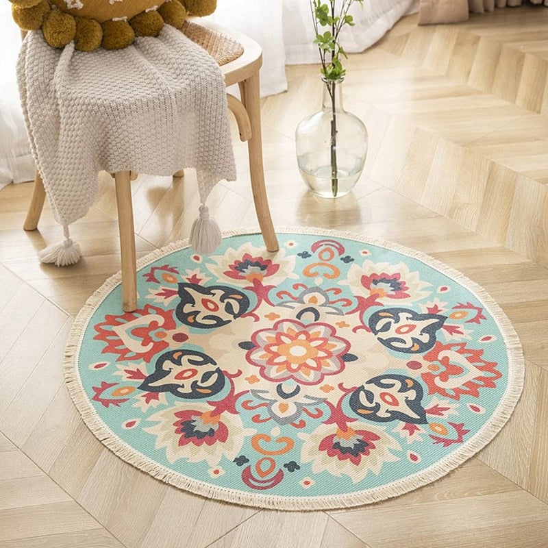 Poowe Round Cotton Rug Woven Tassel Throw Rug Washable Area Rug for Living Room Bedroom Kitchen Bathroom Vintage