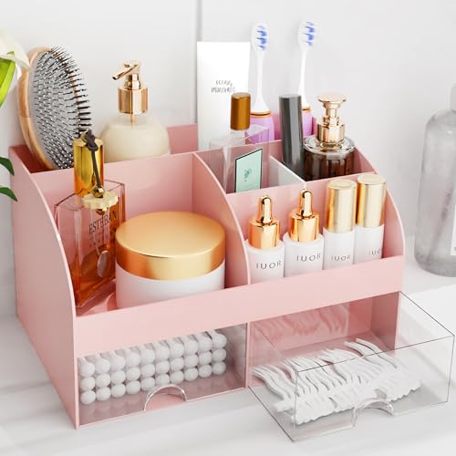 COMFYROOM Makeup Organizer with Drawers Cosmetic Storage for Dresser Vanity and Bathroom Countertop Beauty Holder for Lipstick Brush Skincare Organizer for Vanity Cosmetic Display Case Pink - Image 1