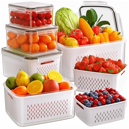 Winproper 6 PCS Fruit Storage Containers for Fridge with Removable Colanders, 6 Plastic Food Storage Containers with 6 Lids, Leakproof Produce Containers Keep Fruits, Vegetables, Berry, Meat Fresh Longer - Image 1
