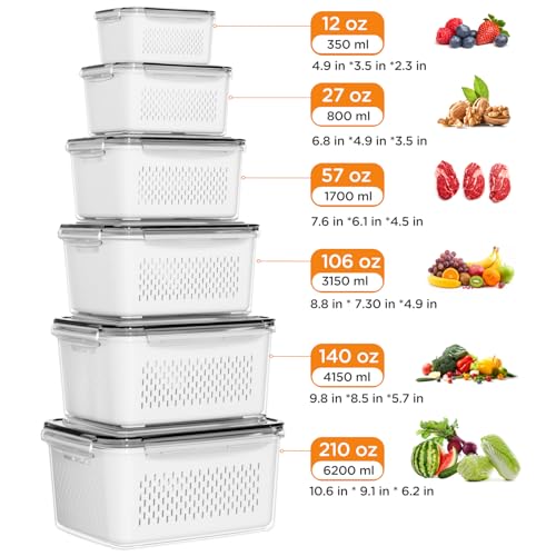 Winproper 6 PCS Fruit Storage Containers for Fridge with Removable Colanders, 6 Plastic Food Storage Containers with 6 Lids, Leakproof Produce Containers Keep Fruits, Vegetables, Berry, Meat Fresh Longer - Image 3