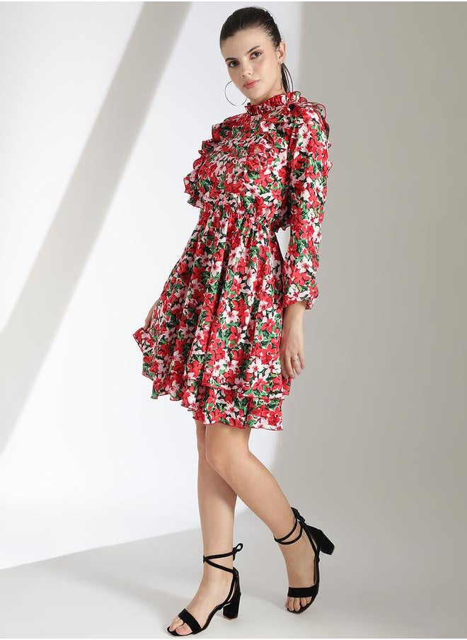 Kotty Floral Print Layered Fit and Flare Knee Length Dress by Styli  - Image 5