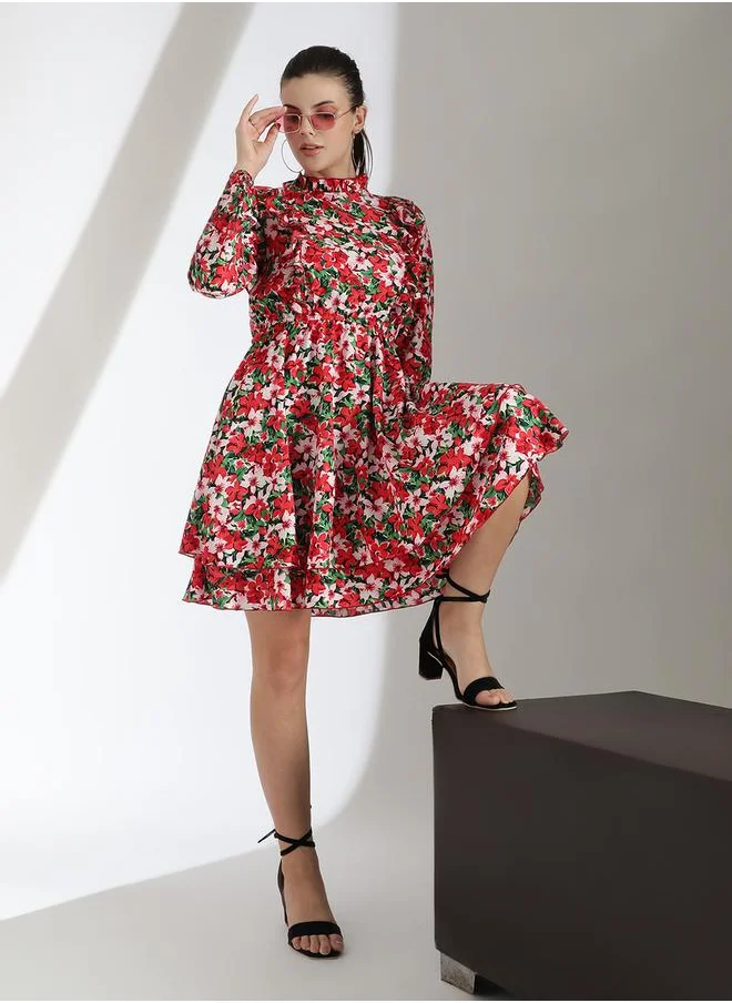 Kotty Floral Print Layered Fit and Flare Knee Length Dress