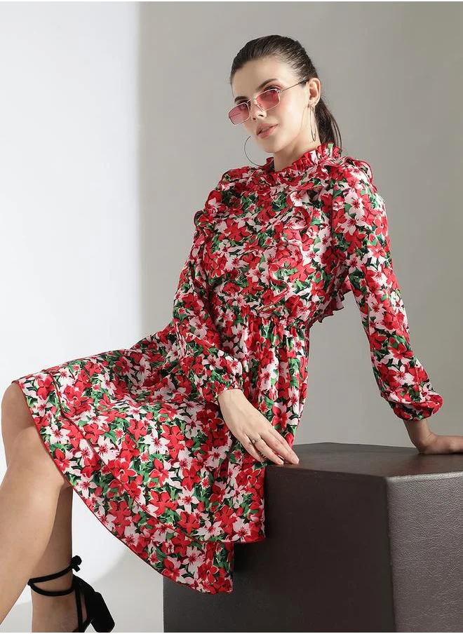 Kotty Floral Print Layered Fit and Flare Knee Length Dress