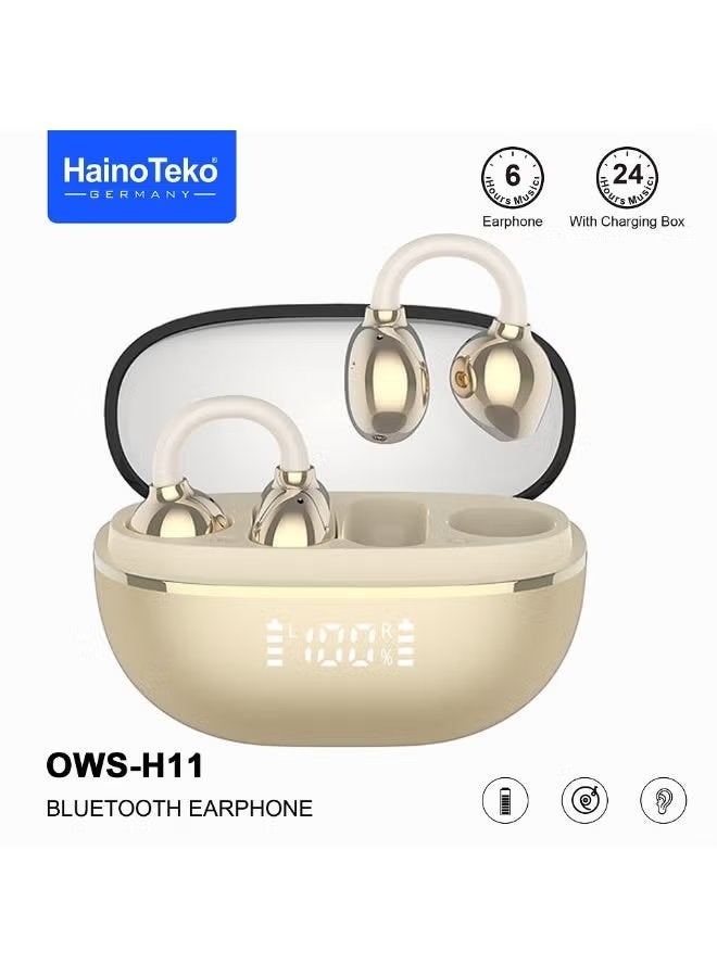 Haino Teko OWS-H11 OpenDots Wireless Bluetooth Earphones with Hi-Res Sound, LED Digital Display, Touch Controls, Built-In Microphone, Long Battery Life, Gold - Image 1