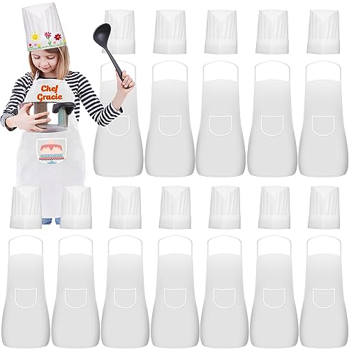 Ecoofor 24 Pieces Kids Aprons and chef hat Set, Kids Aprons with Pocket Children Chef Apron and Hats for Boys Girl's Kitchen Cooking Baking Painting Wear (5-12 Years) - Image 1