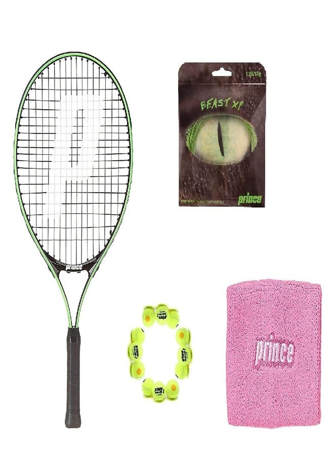 برنس مضرب تنس برينس تور 23 من الألومنيوم مع 12 كرة تنس برتقالية من المرحلة الثانية، وخيط سترينج بيست إكس بي 15 لتر، وسوار معصم وردي/أبيض - Image 1