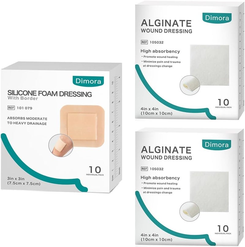 Dimora ضمادة فوم سيليكون ديمورا مع حافة 3x3 عبوة 10  ضمادة كالسيوم ألجينات 4 x 4 عبوة 20 معتمدة من FSAHSA - Image 1