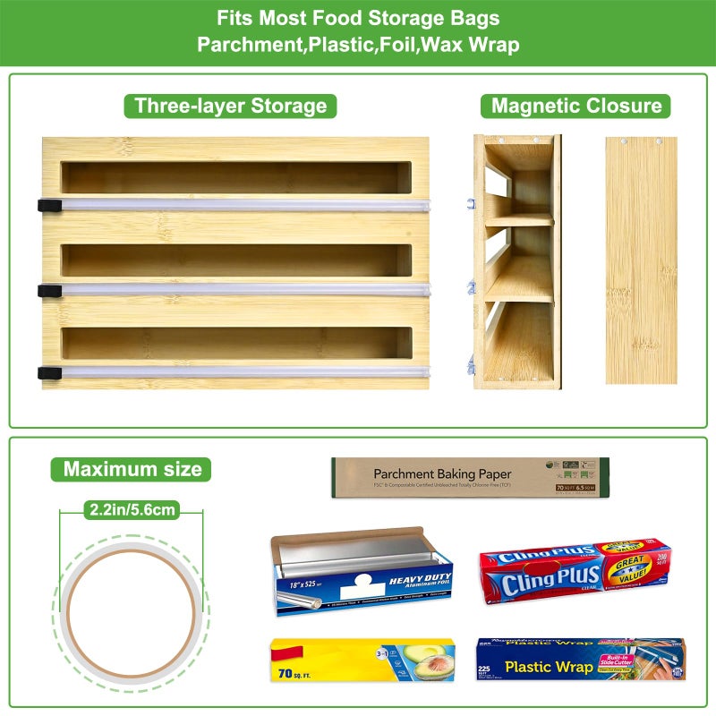 MSJGA Magnetic Plastic Wrap Dispenser with Cutter, 3 in 1 Refrigerator Bamboo Organizer for Tin Foil, Baking Paper, Wax Paper Holder Kitchen Storage Box Compatible - Image 5