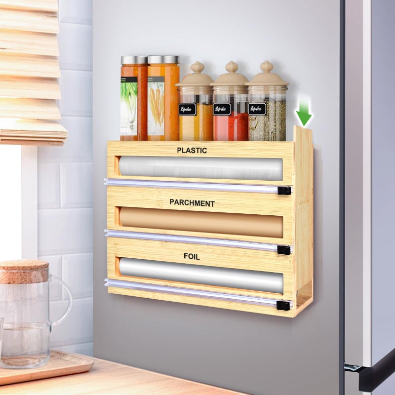 MSJGA Magnetic Plastic Wrap Dispenser with Cutter, 3 in 1 Refrigerator Bamboo Organizer for Tin Foil, Baking Paper, Wax Paper Holder Kitchen Storage Box Compatible - Image 1