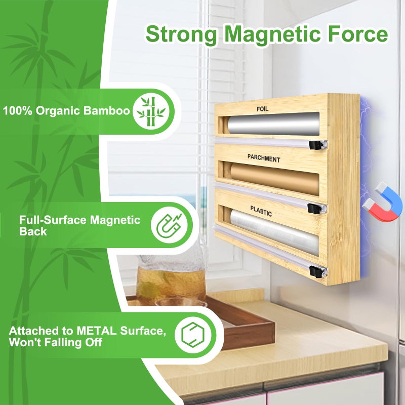 MSJGA Magnetic Plastic Wrap Dispenser with Cutter, 3 in 1 Refrigerator Bamboo Organizer for Tin Foil, Baking Paper, Wax Paper Holder Kitchen Storage Box Compatible - Image 2