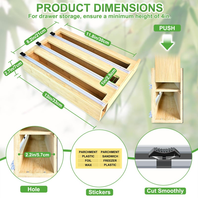 MSJGA Magnetic Plastic Wrap Dispenser with Cutter, 3 in 1 Refrigerator Bamboo Organizer for Tin Foil, Baking Paper, Wax Paper Holder Kitchen Storage Box Compatible - Image 3