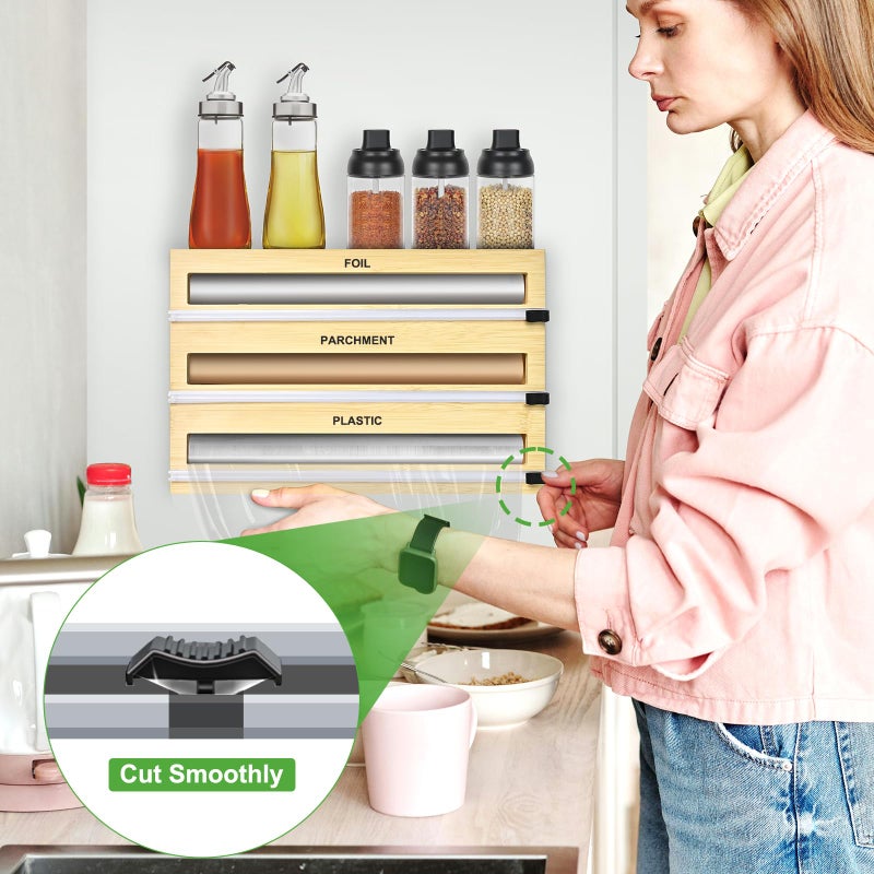 MSJGA Magnetic Plastic Wrap Dispenser with Cutter, 3 in 1 Refrigerator Bamboo Organizer for Tin Foil, Baking Paper, Wax Paper Holder Kitchen Storage Box Compatible - Image 4