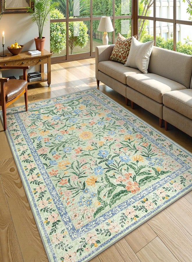 Morebes Washable Area Rugs 5x7 for Living Room, Boho Floral Green and Pink Nursery Rug Non Slip, Soft Vintage Flower Indoor Floor Carpet for Bedroom Dining Room, Sage Green - Image 1