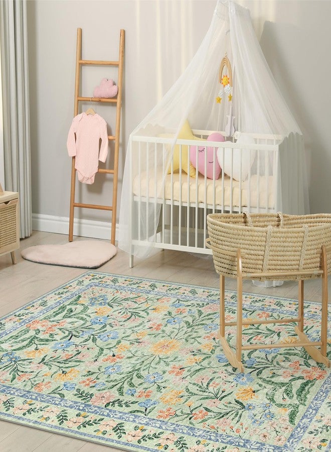 Morebes Washable Area Rugs 5x7 for Living Room, Boho Floral Green and Pink Nursery Rug Non Slip, Soft Vintage Flower Indoor Floor Carpet for Bedroom Dining Room, Sage Green - Image 2