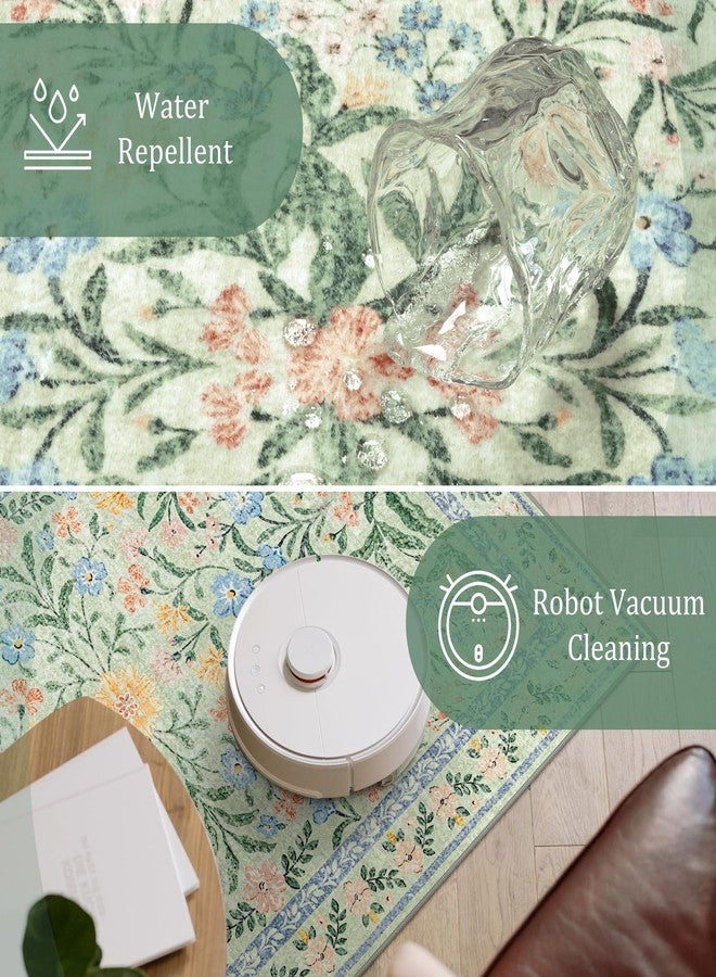 Morebes Washable Area Rugs 5x7 for Living Room, Boho Floral Green and Pink Nursery Rug Non Slip, Soft Vintage Flower Indoor Floor Carpet for Bedroom Dining Room, Sage Green - Image 4