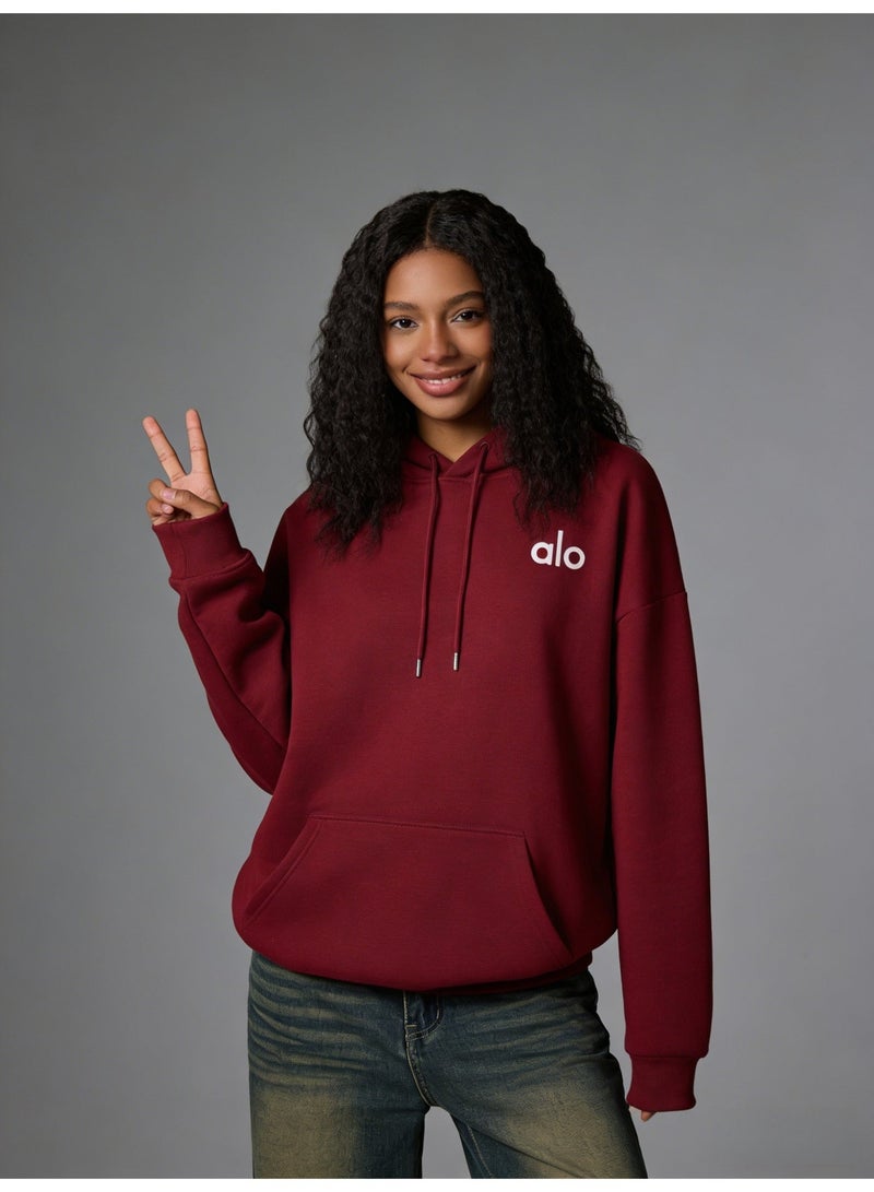 Alo Wine Red Hoodie Sweatshirt - Thick and Warm - Women's Soft Hoodie with Adjustable Drawstring and Kangaroo Pocket, Fashionable and Versatile, Full Power Warm Wine Red - Image 4